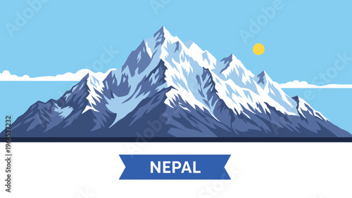 Magnificent snow-covered mountain peak representing Nepal with a bright sun in a blue sky above the clouds.