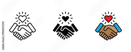 Business handshake with a shining heart for trust, partnership and charitable cooperation icon set. Vector Illustration.