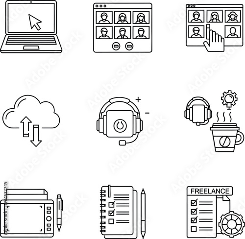 Remote Work and Freelance Icons: Laptop, Video Call, Cloud, Headset, Coffee