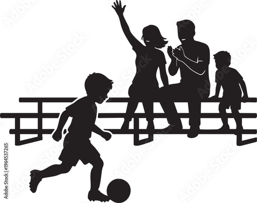 Silhouetted family enjoying a park day, watching their child enthusiastically play soccer on a sunny afternoon