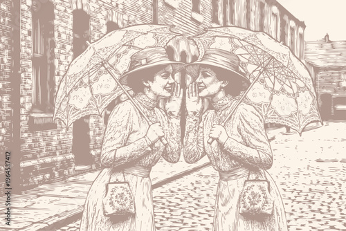 Vector engraving illustration of twin Victorian ladies with umbrellas whispering secrets to each other on an old cobblestone city street.
