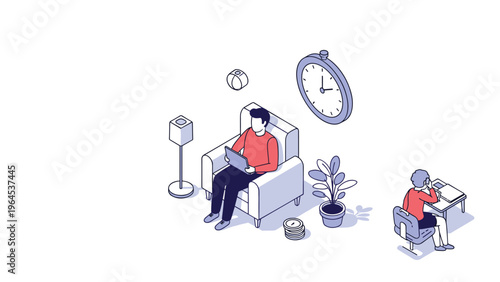 People working remotely on digital devices in comfortable home and office environments with symbols of time management.