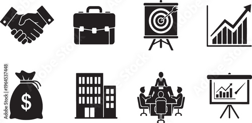 Vector icon set of landmarks and monuments with travel and business symbols including suitcase, briefcase, home, computer, shopping, internet and furniture icons