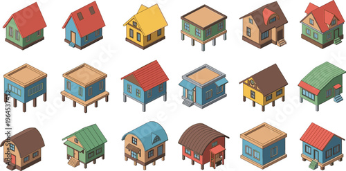Isometric house collection with colorful homes village buildings architecture residential design elements property illustration set modern cartoon style