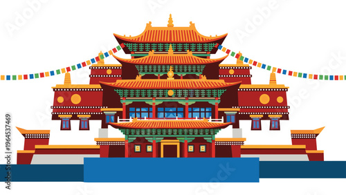 Traditional Tibetan Buddhist temple architecture with multiple tiers of orange roofs and colorful prayer flags against white.
