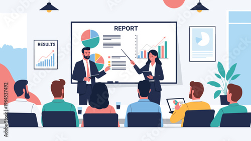 Professional business team attending a data analysis presentation with speakers pointing at various charts and graphs on screen.