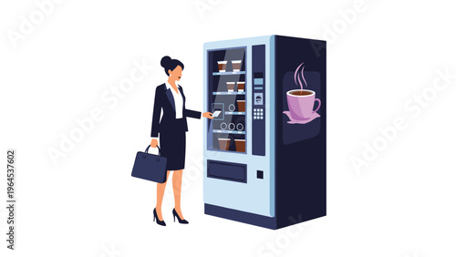 Professional businesswoman in a formal suit purchasing a hot cup of coffee from a modern vending machine in a bright office hallway.