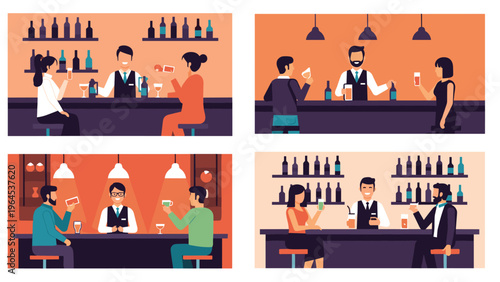 Groups of friends and couples enjoying drinks and socializing at a modern bar with friendly bartenders serving them.