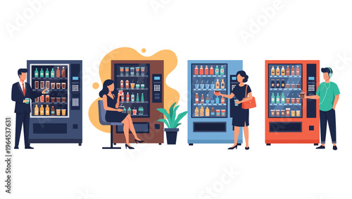 People of different ages and styles using various vending machines to buy drinks, snacks, and refreshments in public.