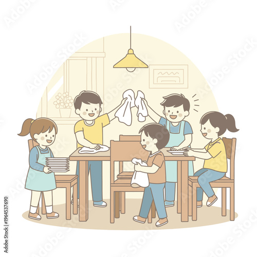 Family cleaning dining table together after meal.