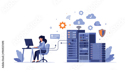 Female IT professional or system administrator working on her computer connected to large network server racks in a data center.