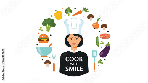 Smiling female chef in uniform surrounded by a circular frame of fresh vegetables and healthy cooking ingredients.