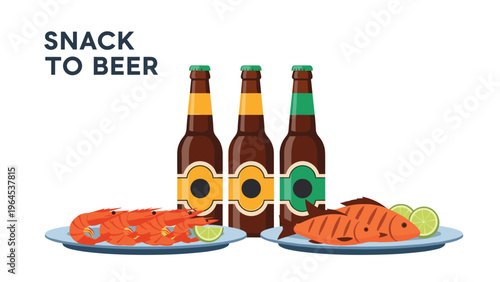 Three cold beer bottles served with delicious snacks including grilled fish, shrimp, and fresh lime wedges on plates.
