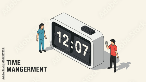 Two people standing next to a large retro flip digital clock showing twelve o'clock to represent time management.