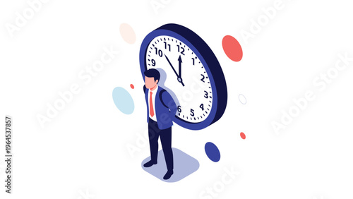 Businessman standing in front of a giant blue wall clock representing time pressure, deadlines, and schedule management.
