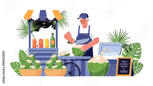 Fresh Coconut Vendor: A friendly vendor is crafting a fresh coconut at an open-air tropical stand. The refreshing image conveys summer drinks, health, and a sunny vacation.