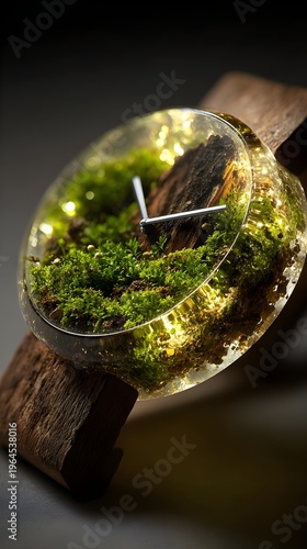 Artistic Terrarium Watch with Glowing Green Moss and Natural Wood Bark Encased in Resin on Rustic Wooden Stand for Sustainable Design