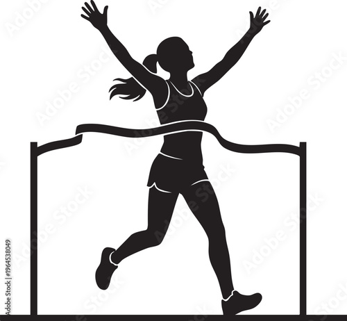 Silhouette of a triumphant woman runner crossing the finish line, celebrating victory and the culmination of effort