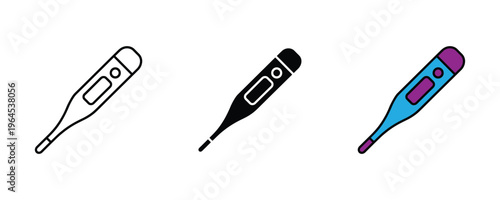 Digital medical thermometer for body temperature measurement and fever check icon set. Vector Illustration.