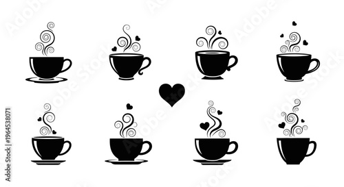 Collection of swirling steam and heart designs above black coffee cups on white background for romance themes