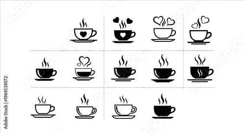 Set of black and white coffee and tea cup icons with steam and heart symbols for beverage designs