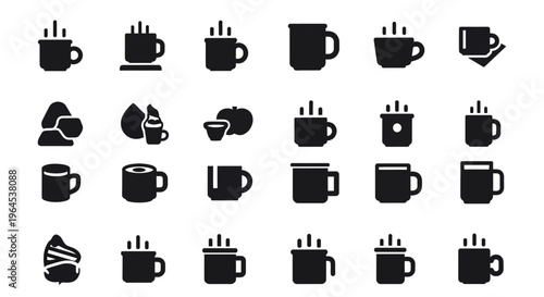 Set of solid black icon glyphs representing different coffee mugs and cups with varying steam indicators for interface