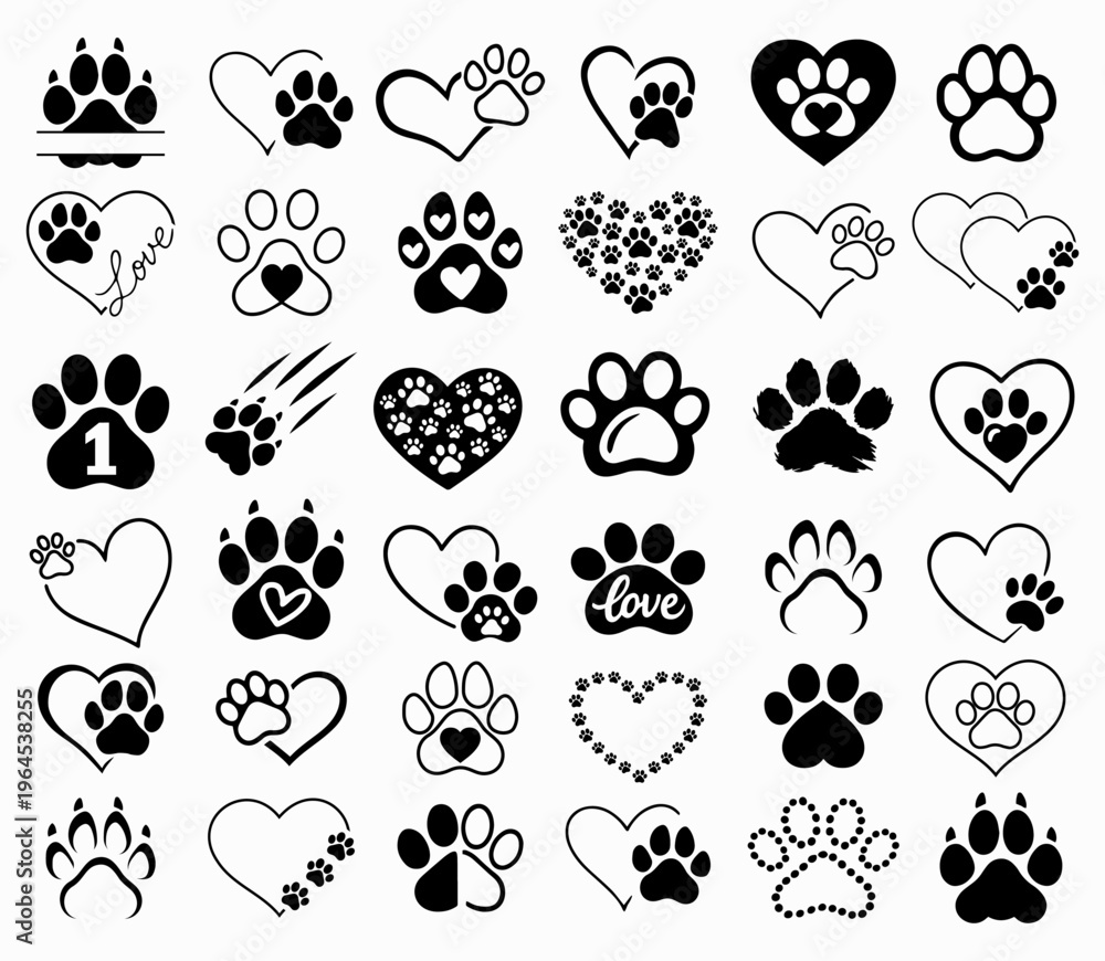Fototapeta premium Dog paw print icons set with hearts, pet love symbols bundle vector