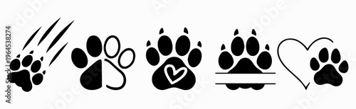 Dog paw icons set with hearts and scratches, pet symbols collection
