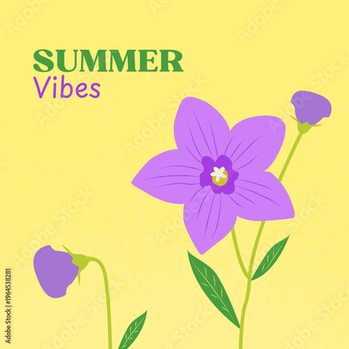 Summer Vibes Banner with Purple Wildflower on Yellow Background, Minimal Flat Vector Illustration