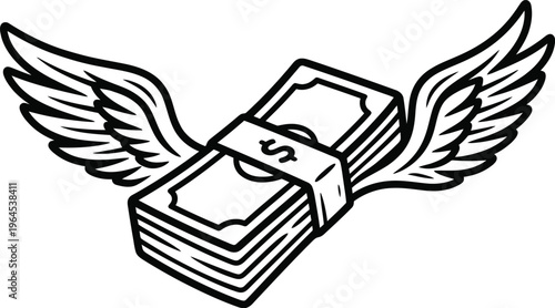 Flying money stack with wings, black and white dollar bill bundle vector illustration, financial success and fast cash concept art