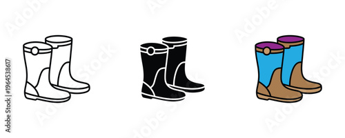 Protective rubber rain boots for wet weather, gardening work and autumn season icon set. Vector Illustration.