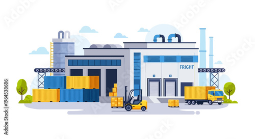 Modern Logistics and Supply Chain Management. Flat Illustration of a Warehouse, Freight Operations, Shipping Containers, Forklift, and Delivery Truck.