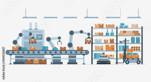 Automated Factory & Smart Warehouse with Robotic Arms, Conveyor Belt. Industry 4.0 Logistics, Production, and Automation Technology.