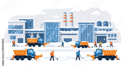 Industrial Snow Removal Operation: Snow Plow Trucks and Workers Clear Pathways Around Factory Buildings During Heavy Winter Snowfall and Maintenance.