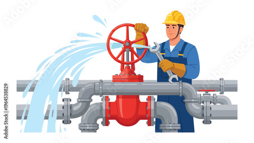 Plumber Repairing Leak: A skilled plumber addresses a water leak in an industrial setting, expertly utilizing tools to mitigate the problem. 