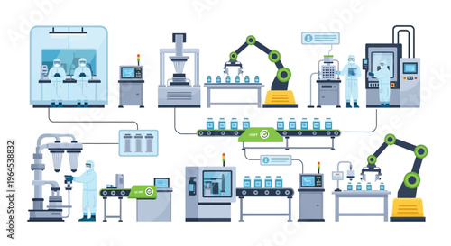 Automated Pharmaceutical Manufacturing Line. Robotics, Scientists in Cleanroom Production Process for Medical Products, Drugs & Quality Control.