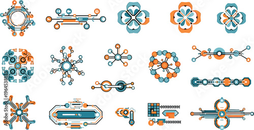 Collection of various futuristic robotic and mechanical components and gadgets in orange blue and white colors