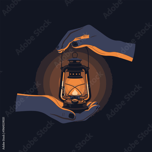 Hands holding an old kerosene lantern emitting warm light.