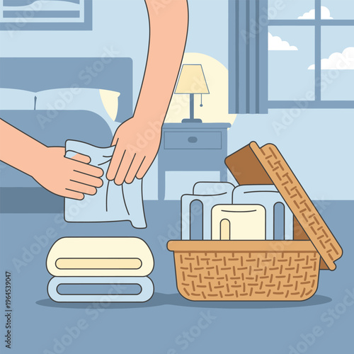 Hands folding laundry and packing items into a basket.