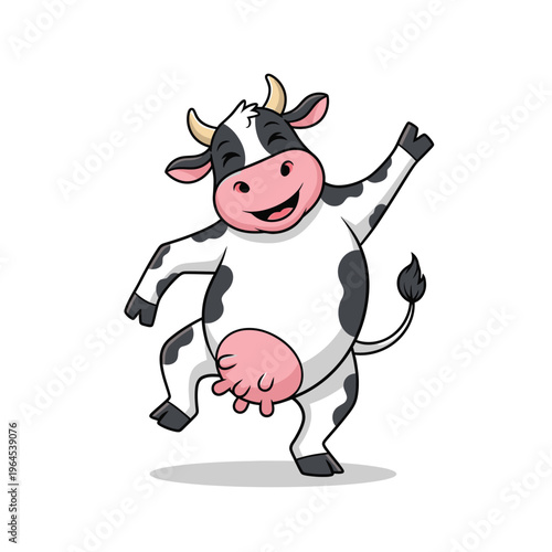 Happy Cartoon Cow Dancing with Joyful Expression.