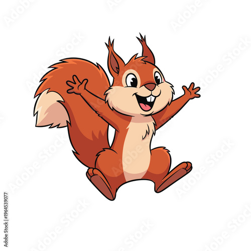 Happy cartoon squirrel jumping with joy and excitement.
