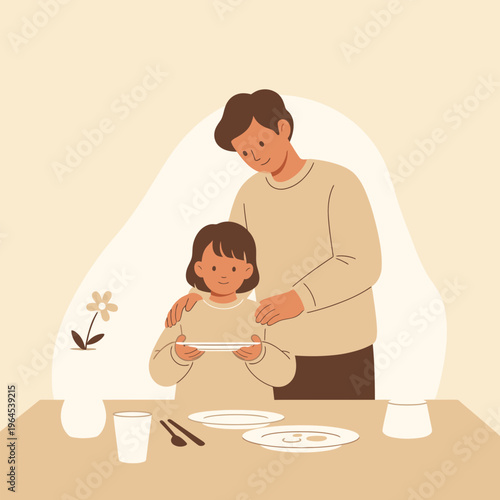 Father and daughter setting the table for a meal together.