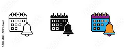 Calendar with notification bell for schedule reminder, event appointment and deadline alert icon set. Vector Illustration.
