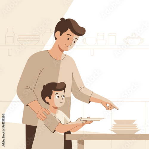Father and son doing chores together in the kitchen.