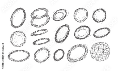 Hand drawn black ink scribbled ovals and circles white scribbles