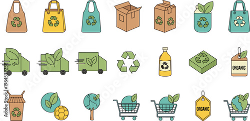 Eco and recycling icon set with reusable bags boxes trucks shopping carts organic products and green earth symbols vector illustration