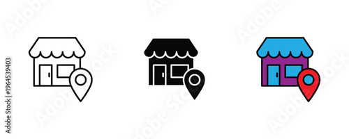 Store building with map pointer pin for shop location, local business and retail outlet finder icon set. Vector Illustration.