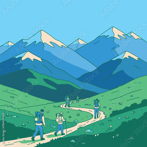 Hikers on a mountain trail enjoying nature.