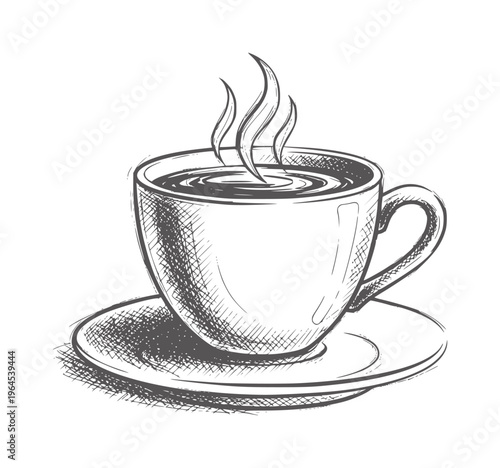 Hand drawn of steaming coffee cup saucer