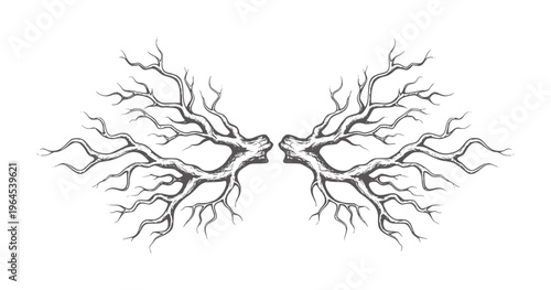 Symmetrical dark grey bare tree branches reaching outwards